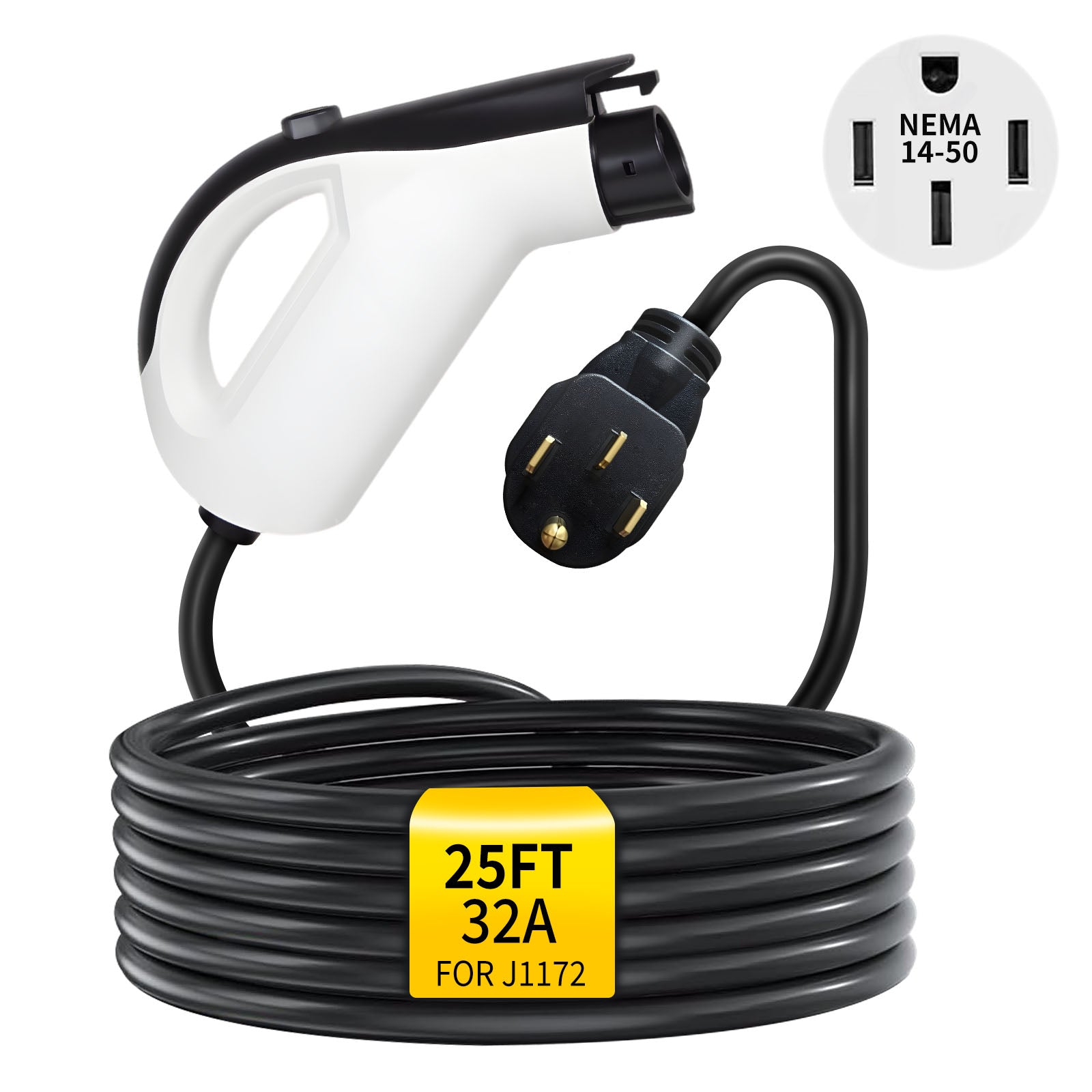 25FT Level 2 EV Charger 32A 240V – 7.68kW Fast J1772 Portable Charger for Home & Travel, NEMA 14-50 Plug, Compatible with SAE J1772 EVs (Non-Tesla)