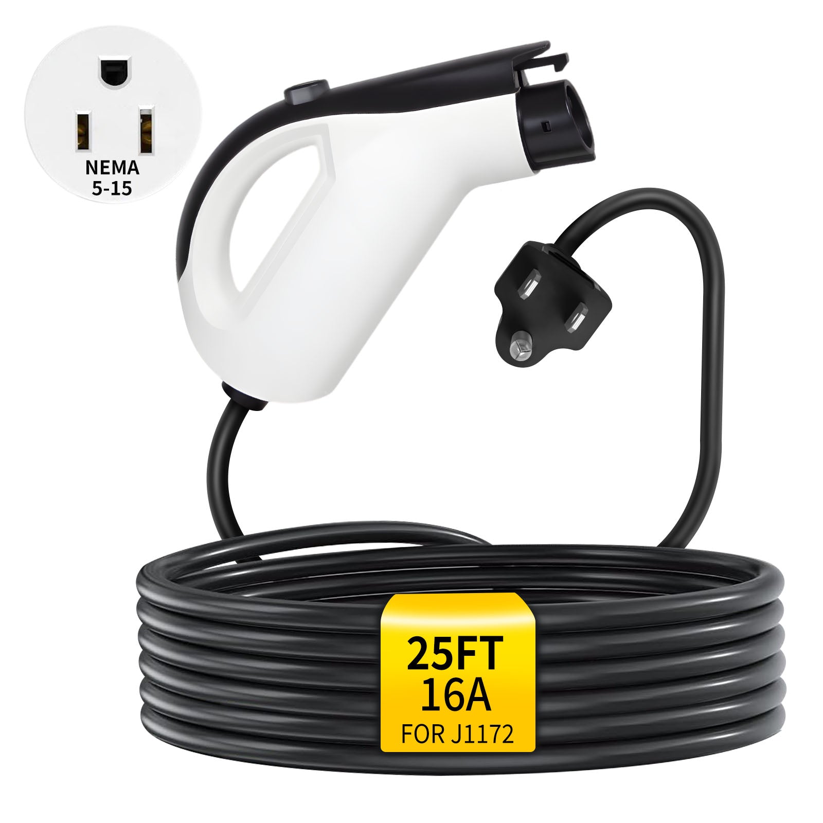 25FT Level 1 EV Charger 16A 120V – Portable J1772 Charger for Home Use, NEMA 5-15 Plug, Compatible with SAE J1772 EVs (Non-Tesla)