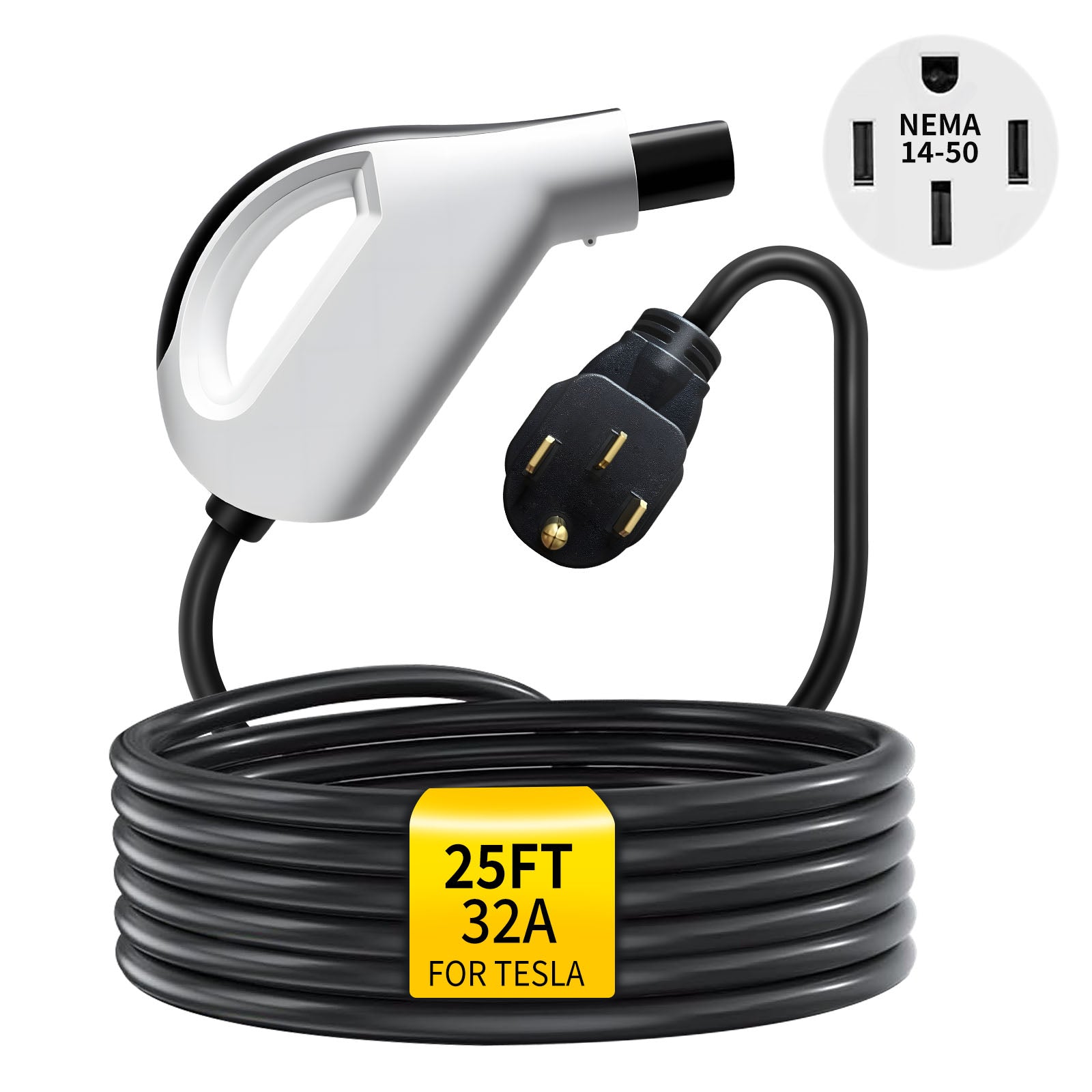 Level 2 Tesla Charger 32A 240V 25FT Cable NEMA 14-50 Plug - Portable Home & Travel EV Charger for Tesla Models 3/Y/S/X (NACS Compatible)