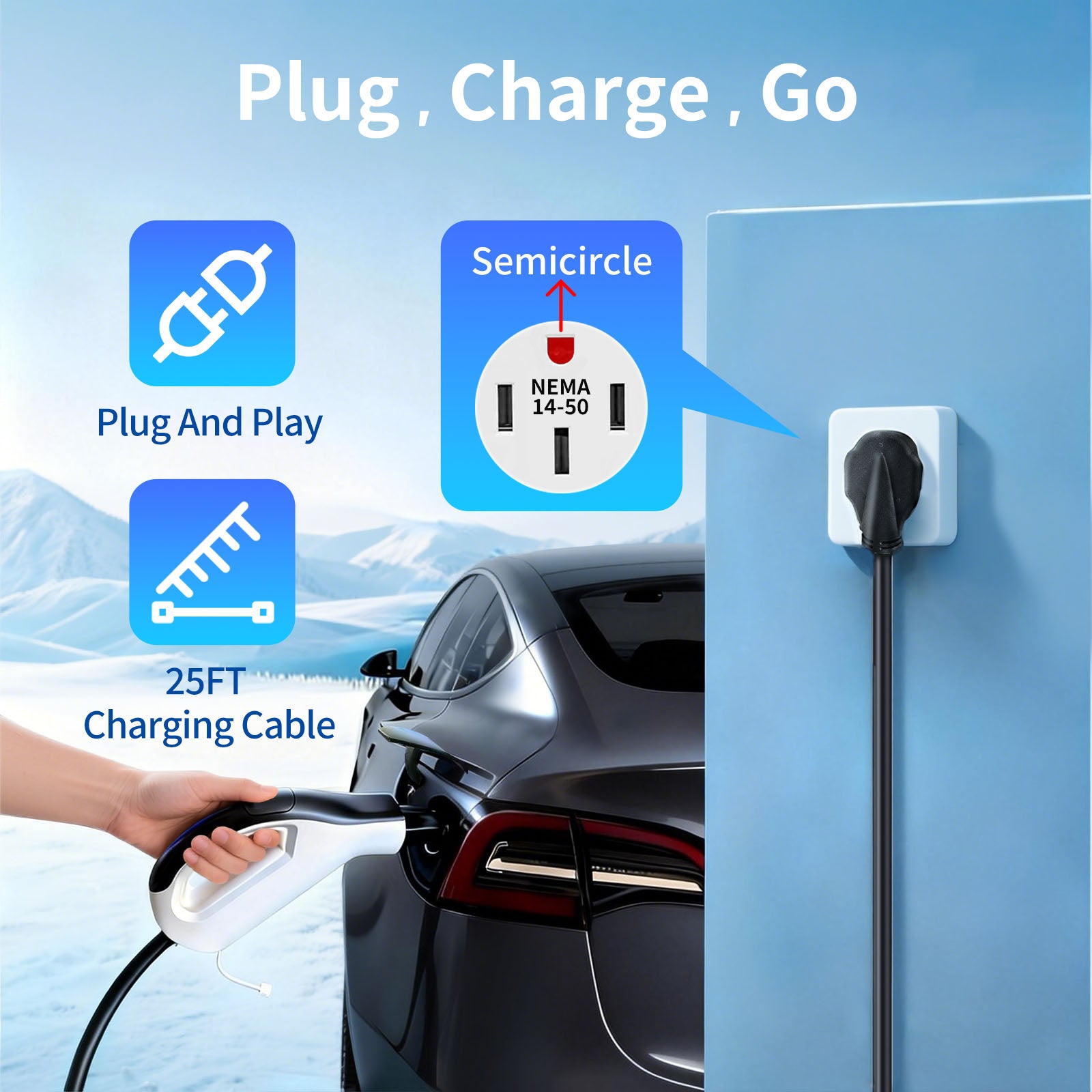 Level 2 Tesla Charger 32A 240V 25FT Cable NEMA 14-50 Plug - Portable Home & Travel EV Charger for Tesla Models 3/Y/S/X (NACS Compatible)