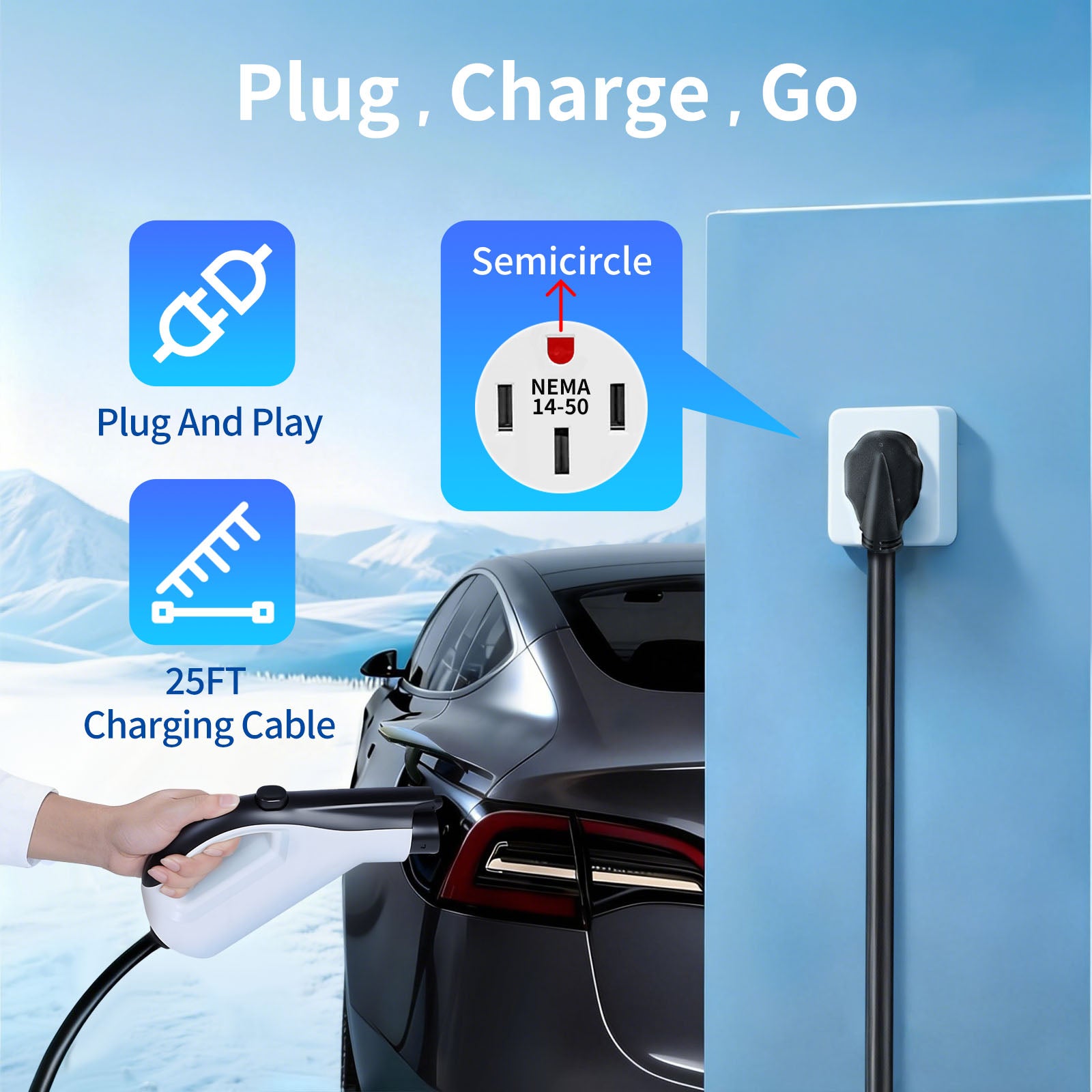 25FT Level 2 EV Charger 32A 240V – 7.68kW Fast J1772 Portable Charger for Home & Travel, NEMA 14-50 Plug, Compatible with SAE J1772 EVs (Non-Tesla)