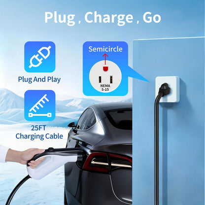 25FT Level 1 EV Charger 16A 120V – Portable J1772 Charger for Home Use, NEMA 5-15 Plug, Compatible with SAE J1772 EVs (Non-Tesla)